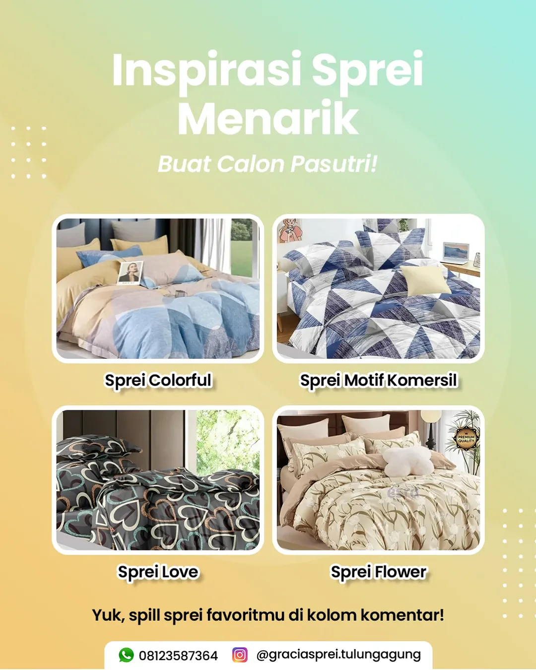 <p>Inspirasi sprei menarik buat calon pasutri dari